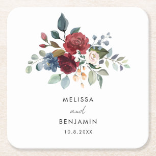 Burgundy Floral Elegant Script Wedding Rehearsal Square Paper Coaster