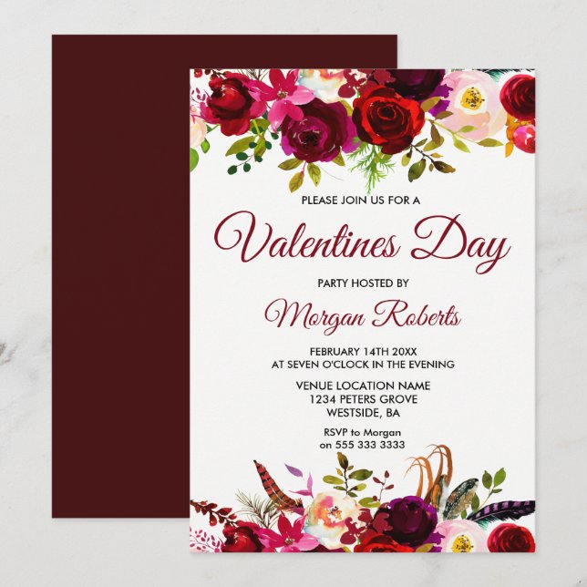 Burgundy Floral Elegant Valentines Day Invite (Front/Back)