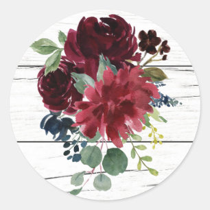 Burgundy Floral Elegant Watercolor Rustic Classic Round Sticker
