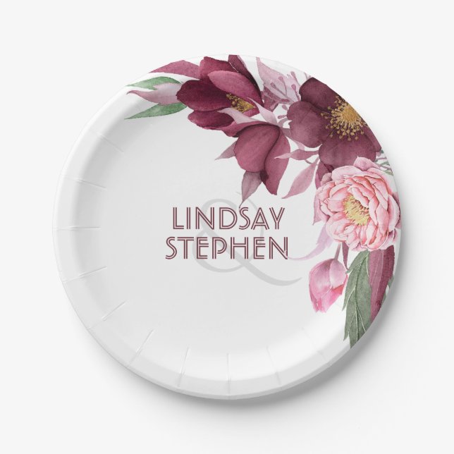 Burgundy Floral Elegant Wedding Paper Plate (Front)