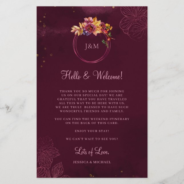 Burgundy Floral Elegant Wedding Welcome Itinerary (Front)