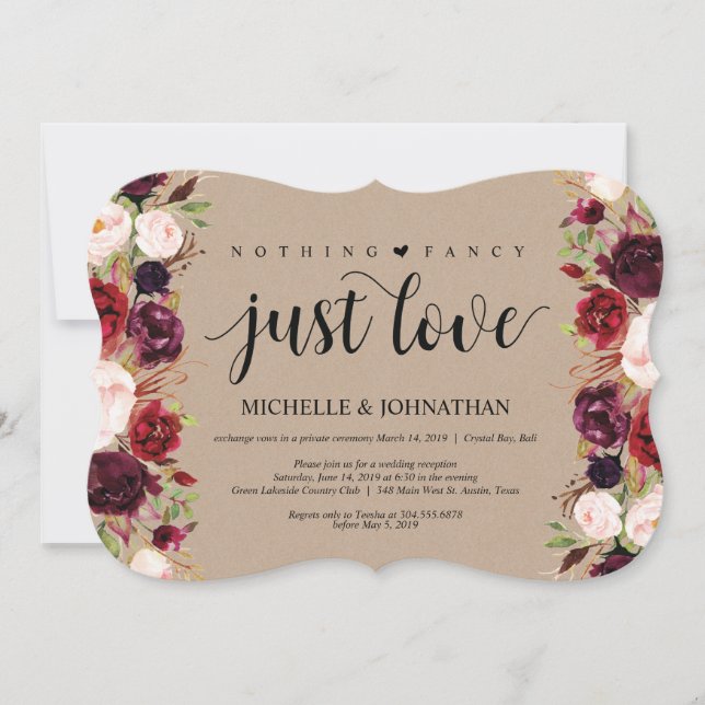 Burgundy Floral Elopement Reception Kraft Invites (Front)