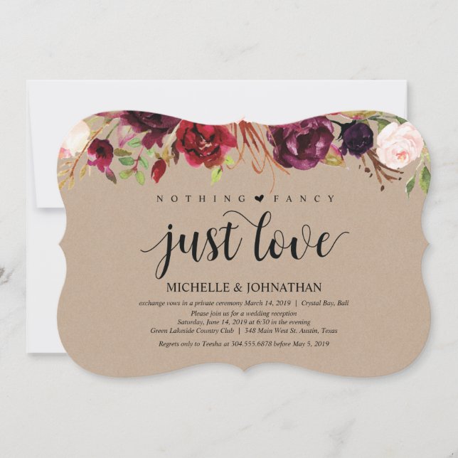 Burgundy Floral Elopement Reception Kraft invites (Front)