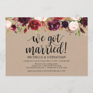 Burgundy Floral Elopement Reception Kraft Invites