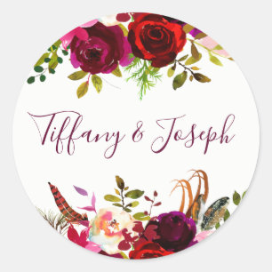 Burgundy Floral Engagement Party Wedding Script Classic Round Sticker