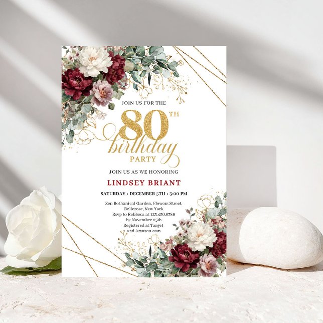 Burgundy Floral Eucalyptus Boho 80th Birthday Invitation (Burgundy Floral Eucalyptus Boho 80th Birthday)