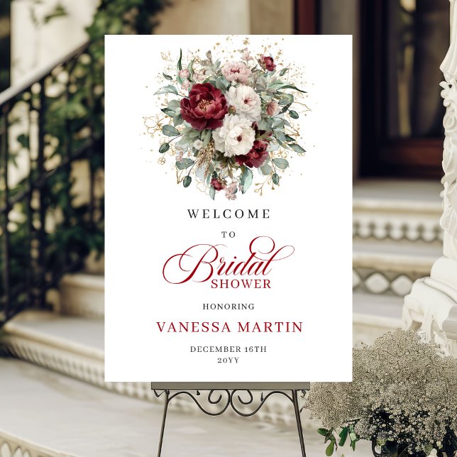 Burgundy Floral Eucalyptus Gold Bridal Shower Sign (Burgundy Floral Eucalyptus Gold Bridal Shower Welcome)