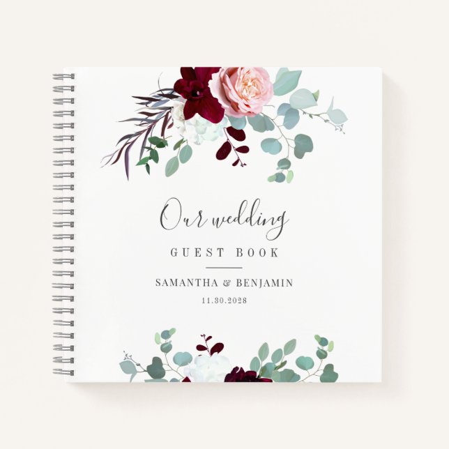 Burgundy Floral Eucalyptus Wedding Guest Book (Front)