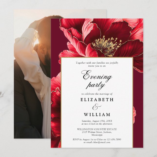 Burgundy Floral Evening Party Wedding Photo Invitation (Front/Back)