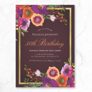 Burgundy Floral Fall 50th Birthday Party Invitation
