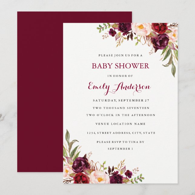 Burgundy Floral Fall Baby Shower Card (Front/Back)