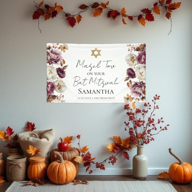 Burgundy Floral Fall Bat Mitzvah Banner (Creator Uploaded)