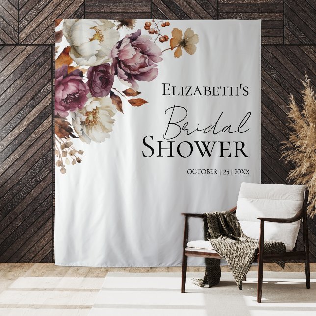 Burgundy Floral Fall Bridal Shower Backdrop Tapestry (Creator Uploaded)