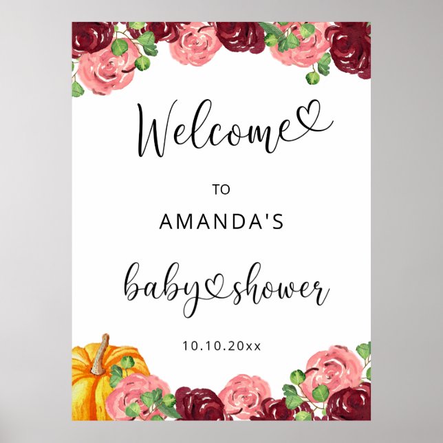 Burgundy floral fall pumpkin baby shower welcome poster (Front)