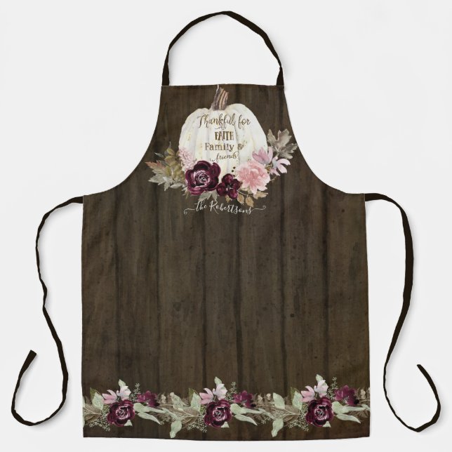 Burgundy Floral Fall Rustic Wood w White Pumpkin Apron (Front)