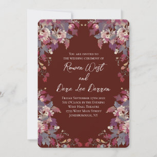 Burgundy Floral Fall Wedding Autumn Leaves Invitation