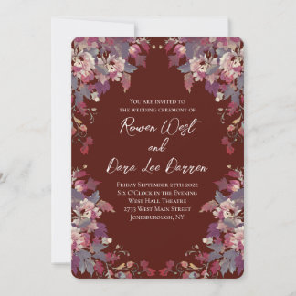 Burgundy Floral Fall Wedding Autumn Leaves Invitation