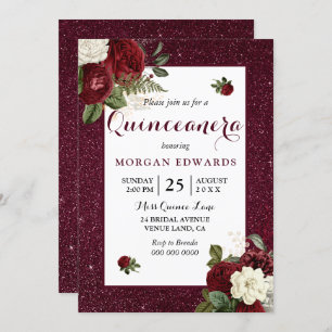 Burgundy Floral Faux Metallic Quinceanera Invite