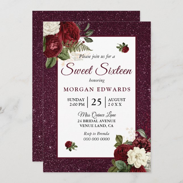 Burgundy Floral Faux Metallic Sweet 16 Invite (Front/Back)
