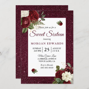 Burgundy Floral Faux Metallic Sweet 16 Invite