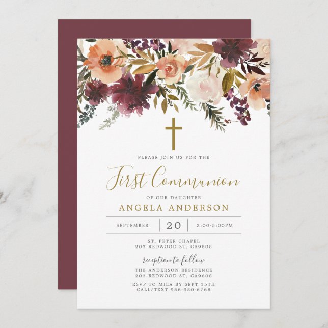 Burgundy Floral First Communion Invitation (Front/Back)