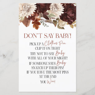 Burgundy Floral Flowers Don't Say Baby Shower Game