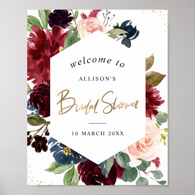 burgundy floral frame bridal shower welcome sign (Front)
