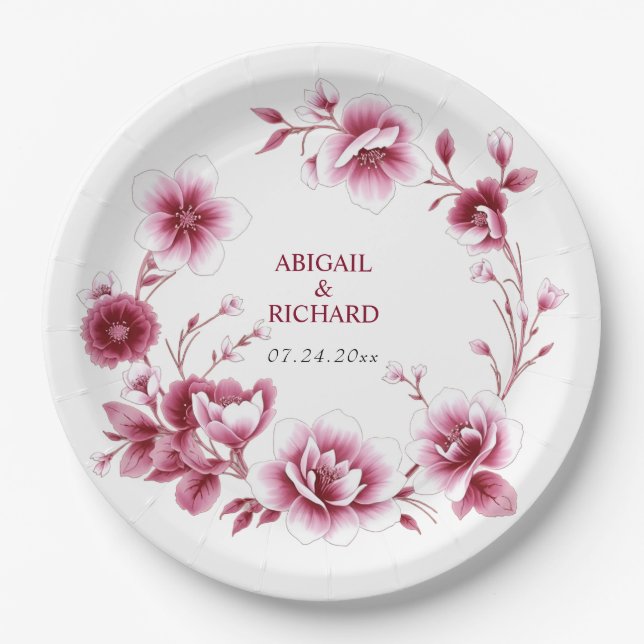 Burgundy floral frame Chinoiserie flowers wedding  Paper Plate (Front)