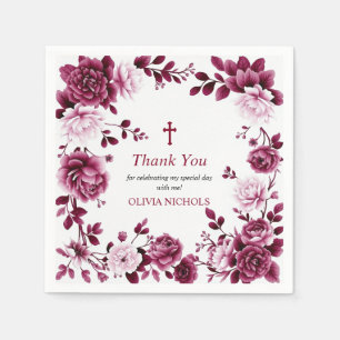 Burgundy floral frame girl Baptism Thank you Napkin