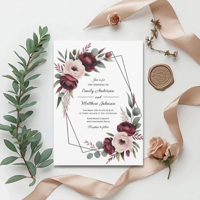 Burgundy Floral Frame Wedding Invitation (Creator Uploaded)
