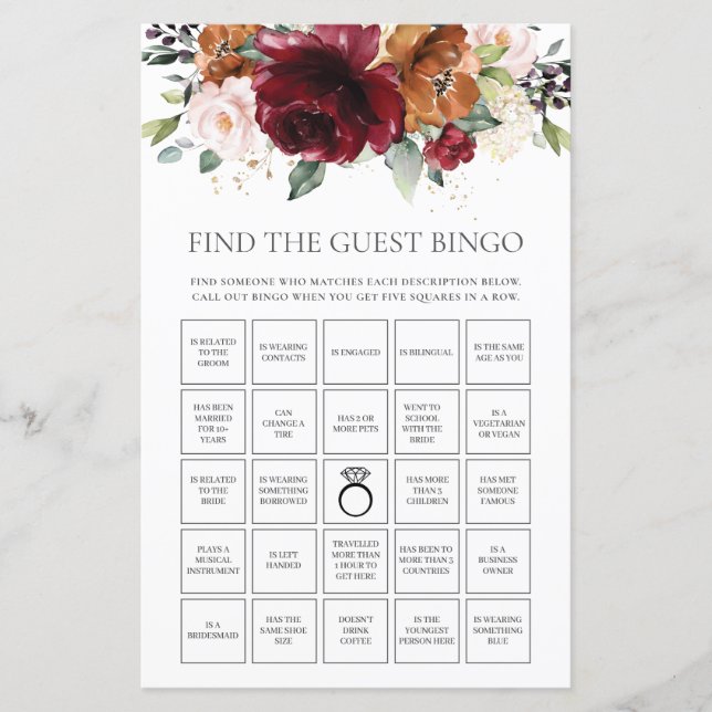 Burgundy Floral Fun Bridal Find the Guest Bingo  (Front)