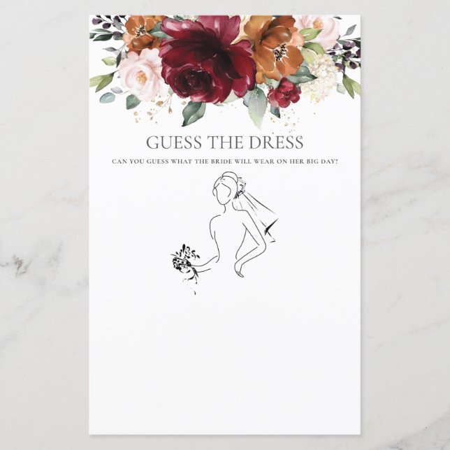Burgundy Floral Fun Bridal Guess the Dress Game (Front)