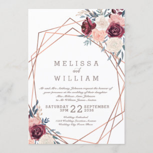 Burgundy Floral Geometric Copper Ivory Wedding Invitation