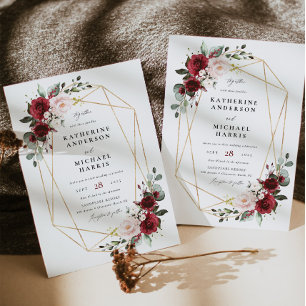 Burgundy Floral Geometric frame wedding Invitation