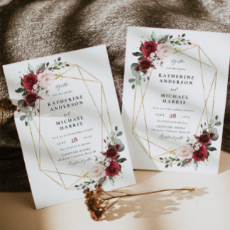 Burgundy Floral Geometric frame wedding Invitation