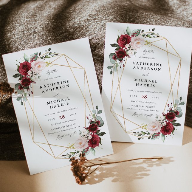 Burgundy Floral Geometric frame wedding Invitation (Creator Uploaded)