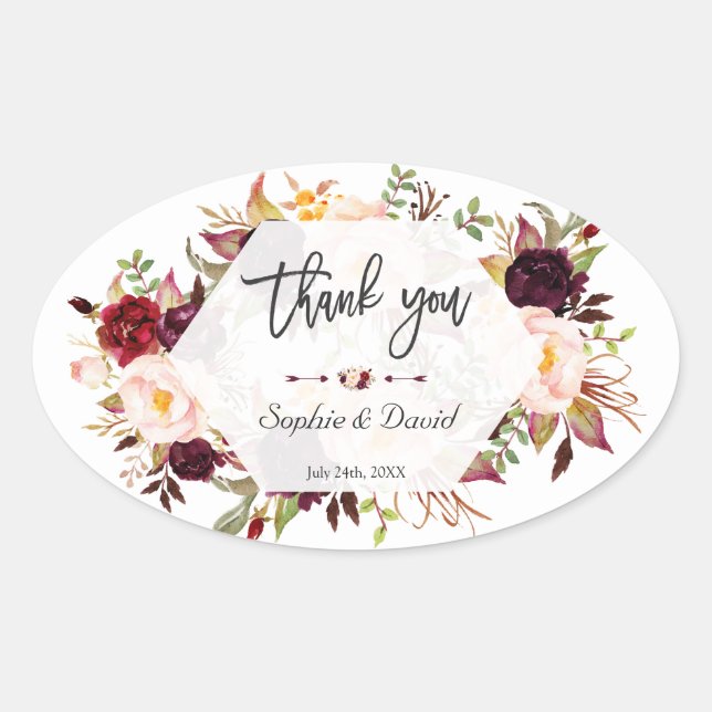 Burgundy Floral Geometric Handwriting Wedding Oval Sticker (Front)