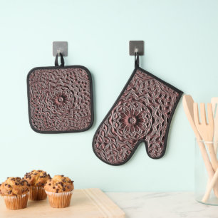 Burgundy Floral Geometric Oven Mitt & Pot Hold Holder Set