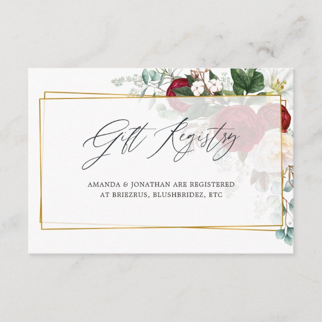 Burgundy Floral Geometric Wedding Gift Registry Enclosure Card (Front)