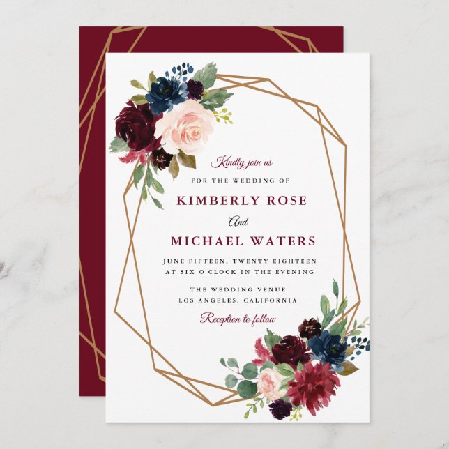 burgundy floral geometric wedding invitation (Front/Back)