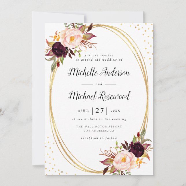 burgundy floral geometric wedding invitation (Front)