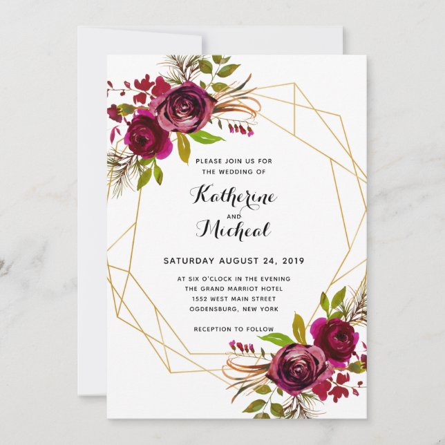 Burgundy floral geometric wedding invitation (Front)