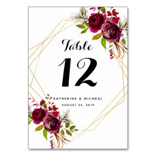 Burgundy Floral Geometric Wedding Table Numbers