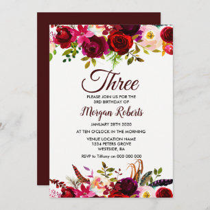 Burgundy Floral Girls 3rd Birthday Party Invite