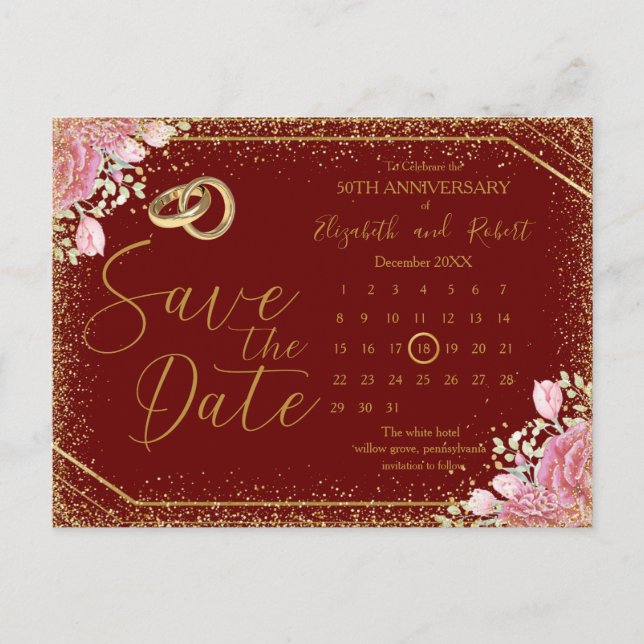 Burgundy Floral  Gliter Anniversary Save The Date Announcement Postcard (Front)