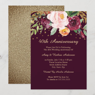 Burgundy Floral Glitter 40th Wedding Anniversary Invitation
