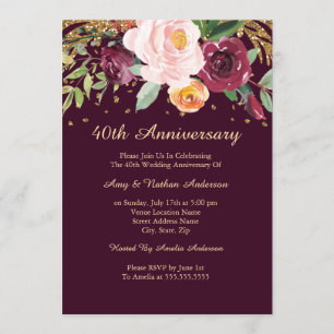 Burgundy Floral Glitter 40th Wedding Anniversary Invitation