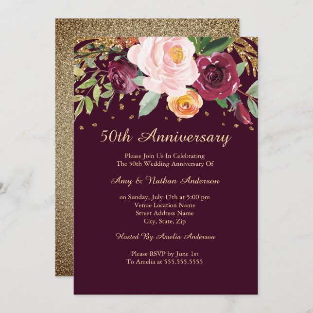 Burgundy Floral Glitter 50th Wedding Anniversary Invitation (Front/Back)