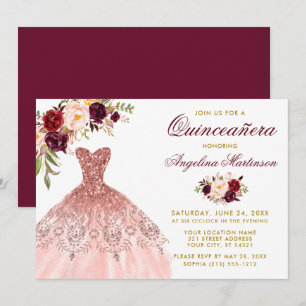 Burgundy Floral Glitter Dress Gold Quinceanera  Invitation