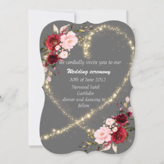 burgundy floral & glitter heart, wedding invite 